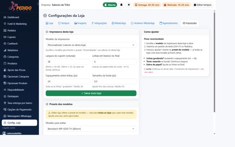 Configuração da impressora no painel do Pedido Agora com largura do cupom, linhas, espaçamento e fonte